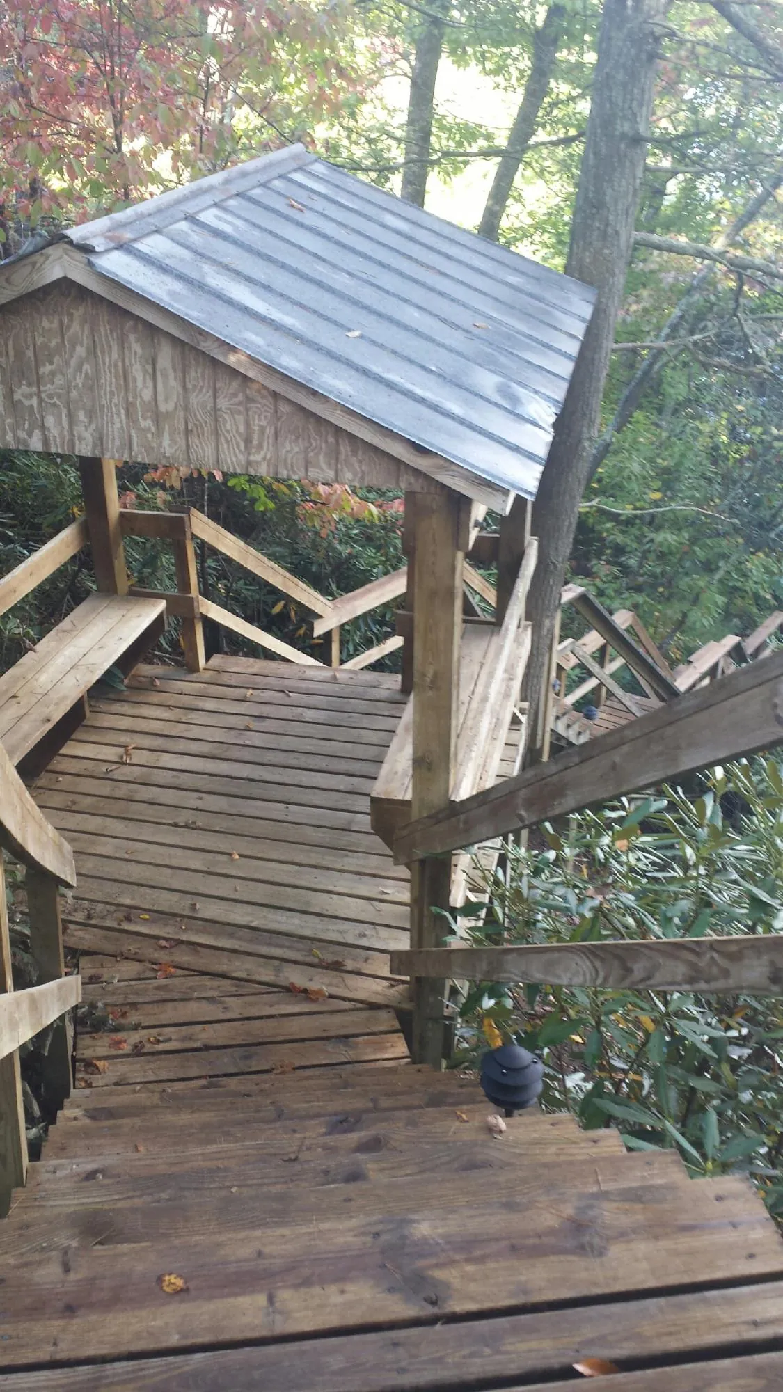 Metal roofed shelter over wooden steps on a wooded walkway — Skylight Repair & Installation work by our crew in Heflin